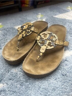 Tory Burch Snake-Embossed Tan Brown Logo Thong Sandals